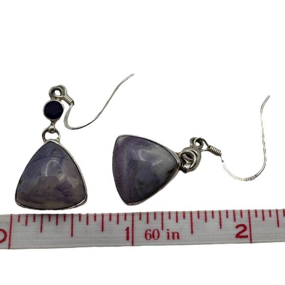 Sterling Silver & Amethyst Lavender Jade Dangle Earrings Triangular Gemstone - Picture 4 of 4